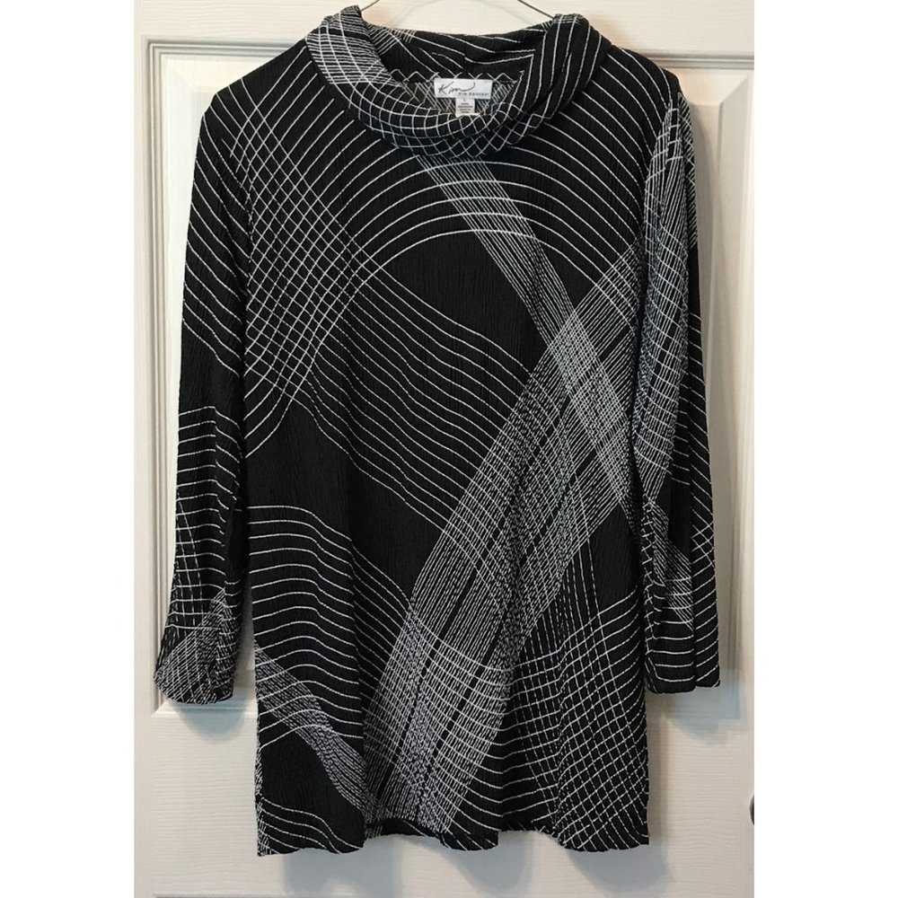 Kim Rogers Black & White Striped Tunic Blouse Top Size Large